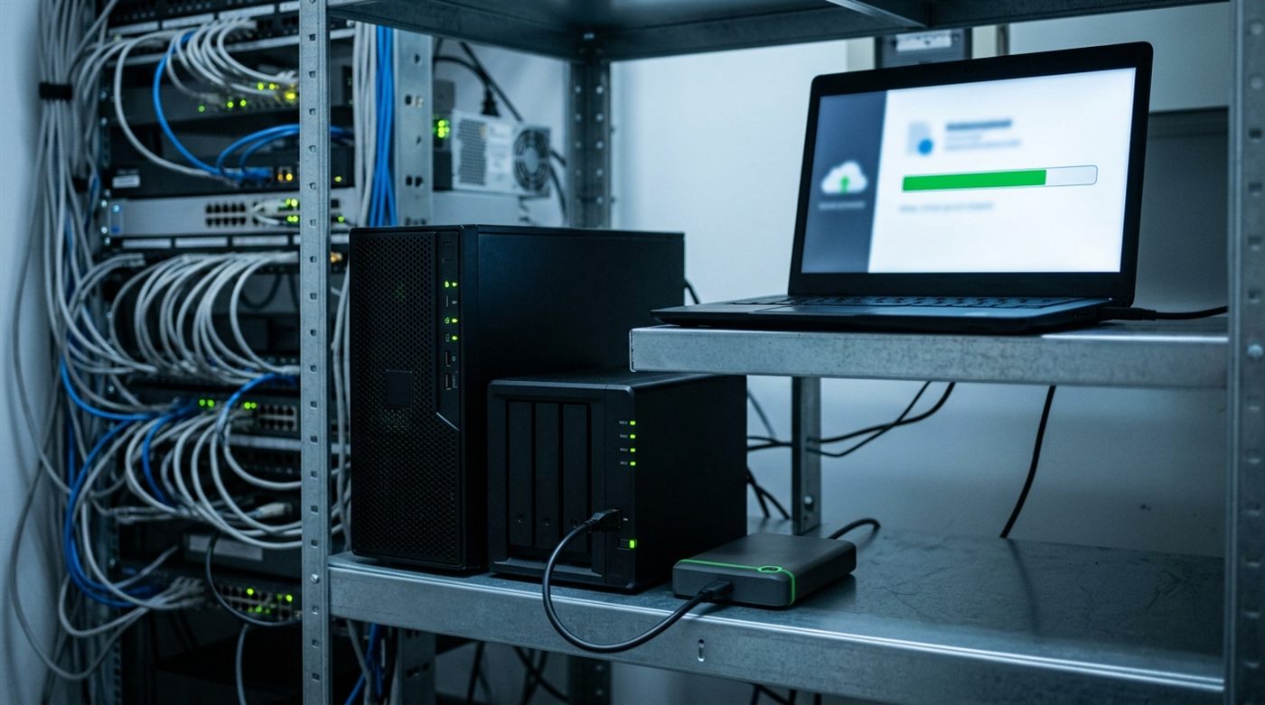 Servidor, NAS y disco externo junto a una laptop con la ventana de respaldo en curso