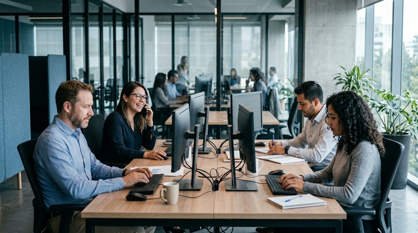 Equipo de trabajo en una oficina con computadoras